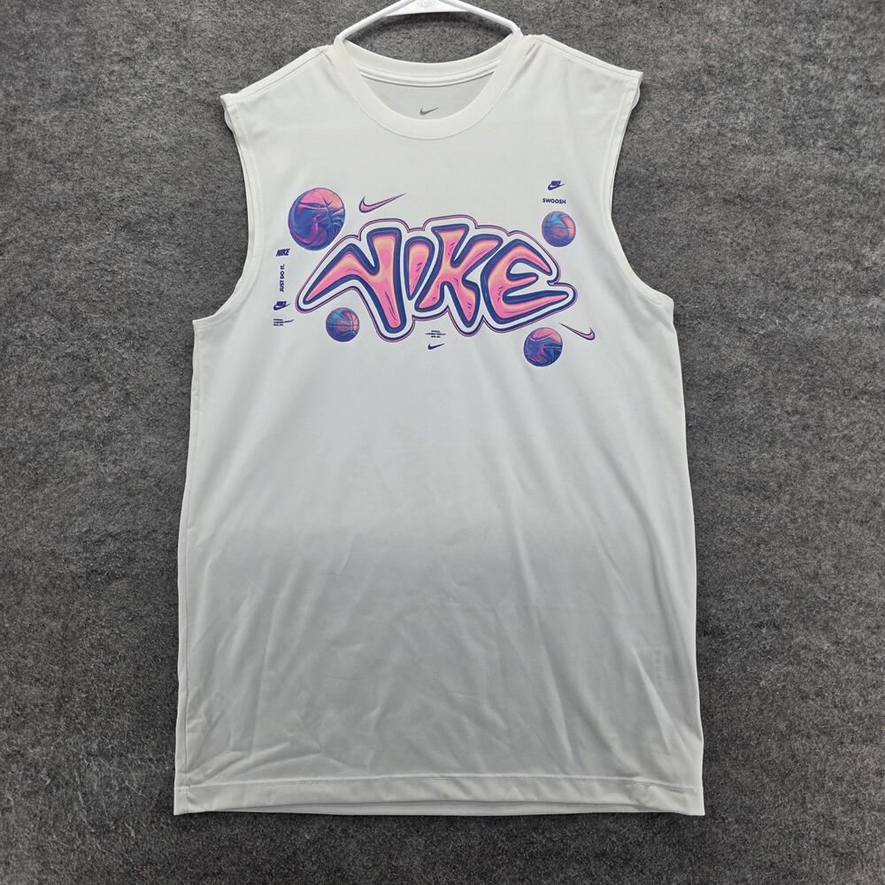 Nike Shirt Mens Small White Dri-FIT Sleeveless Tank Graphic Basketball Graffiti
